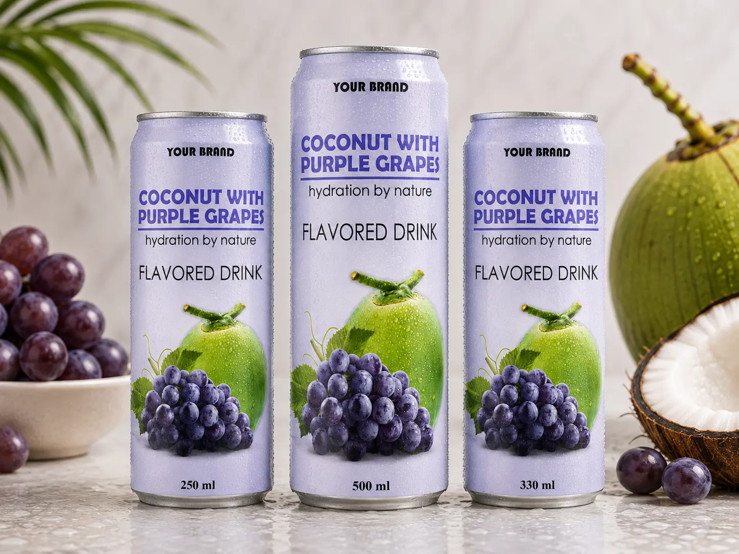 COCONUT FLAVORED DRINK purple grapes flavour shown in 250ml, 500ml, and 330ml cans.
